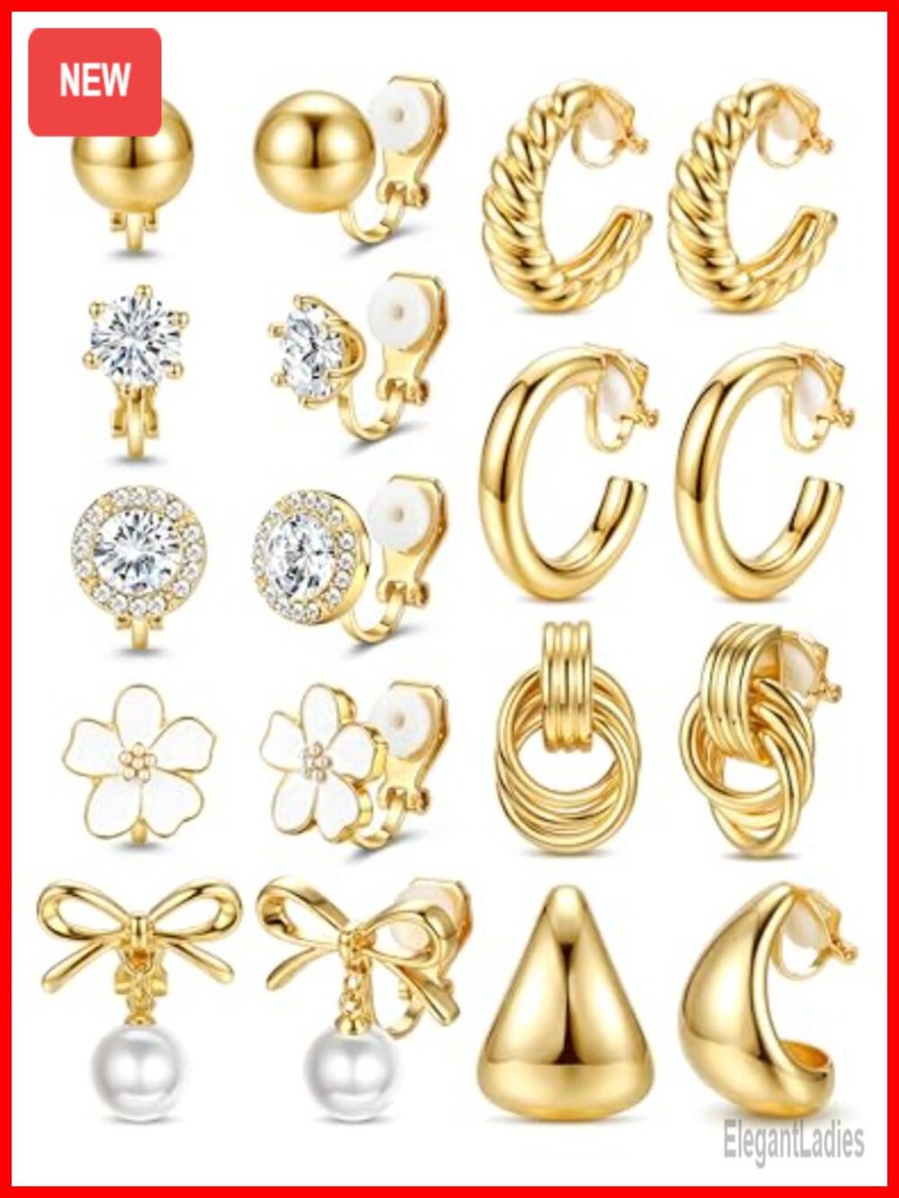 14K Gold Plated Clip On Earrings Set Non Pierced Hoops Studs Chunky